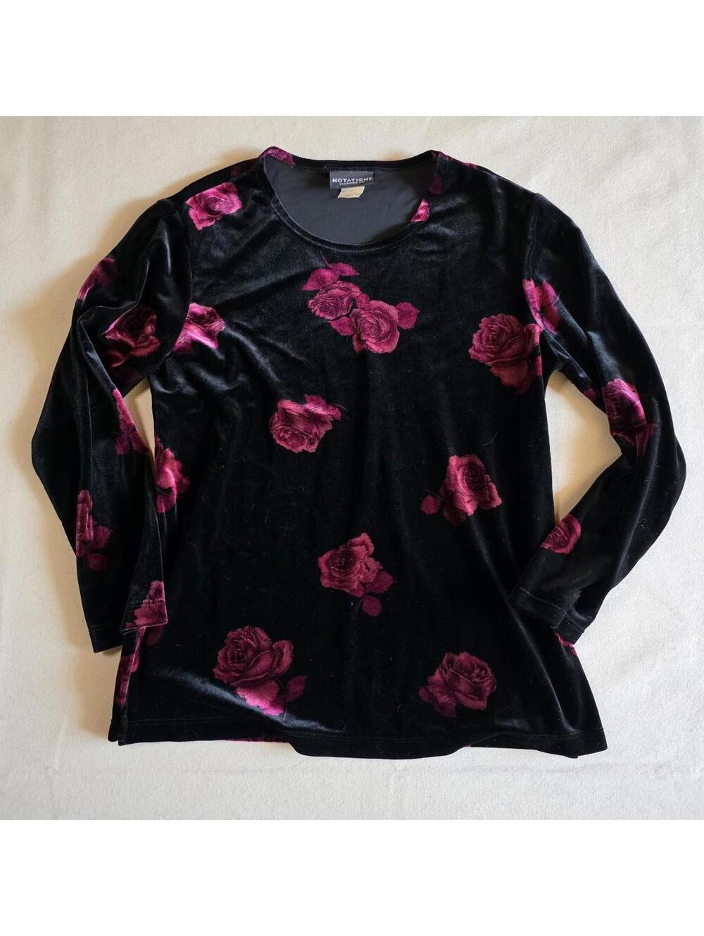 Vintage Whimsigoth Black Velvet Rose Long Sleeve Top Notations Romantic Alt Sm